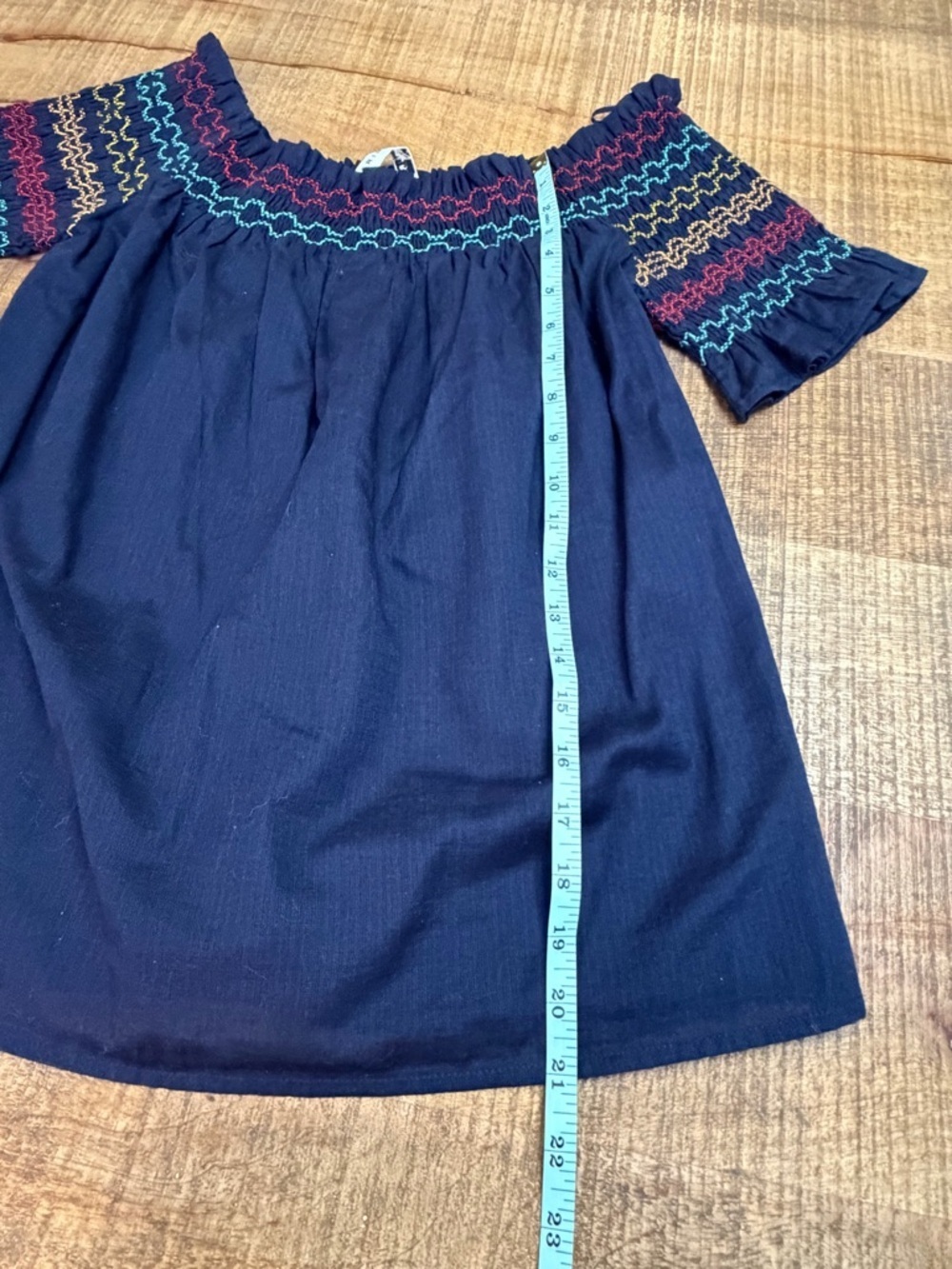 Trina Turk Off-Shoulder Navy Smocked Top with Multicolor Stitching - Picture 7 of 9